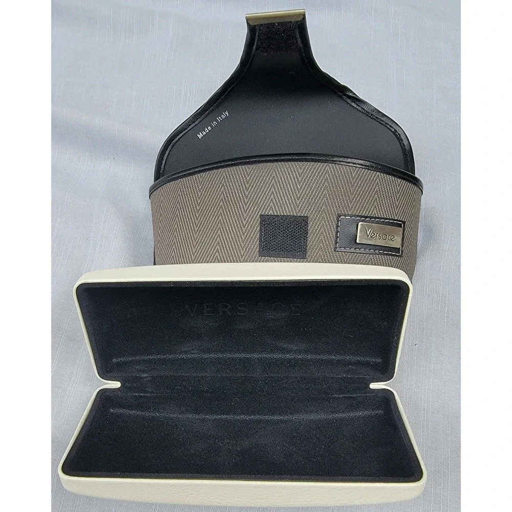 Versace Eyewear Case Set of 2 Cream Hard Shell and Grey Chevron Soft Case Italy